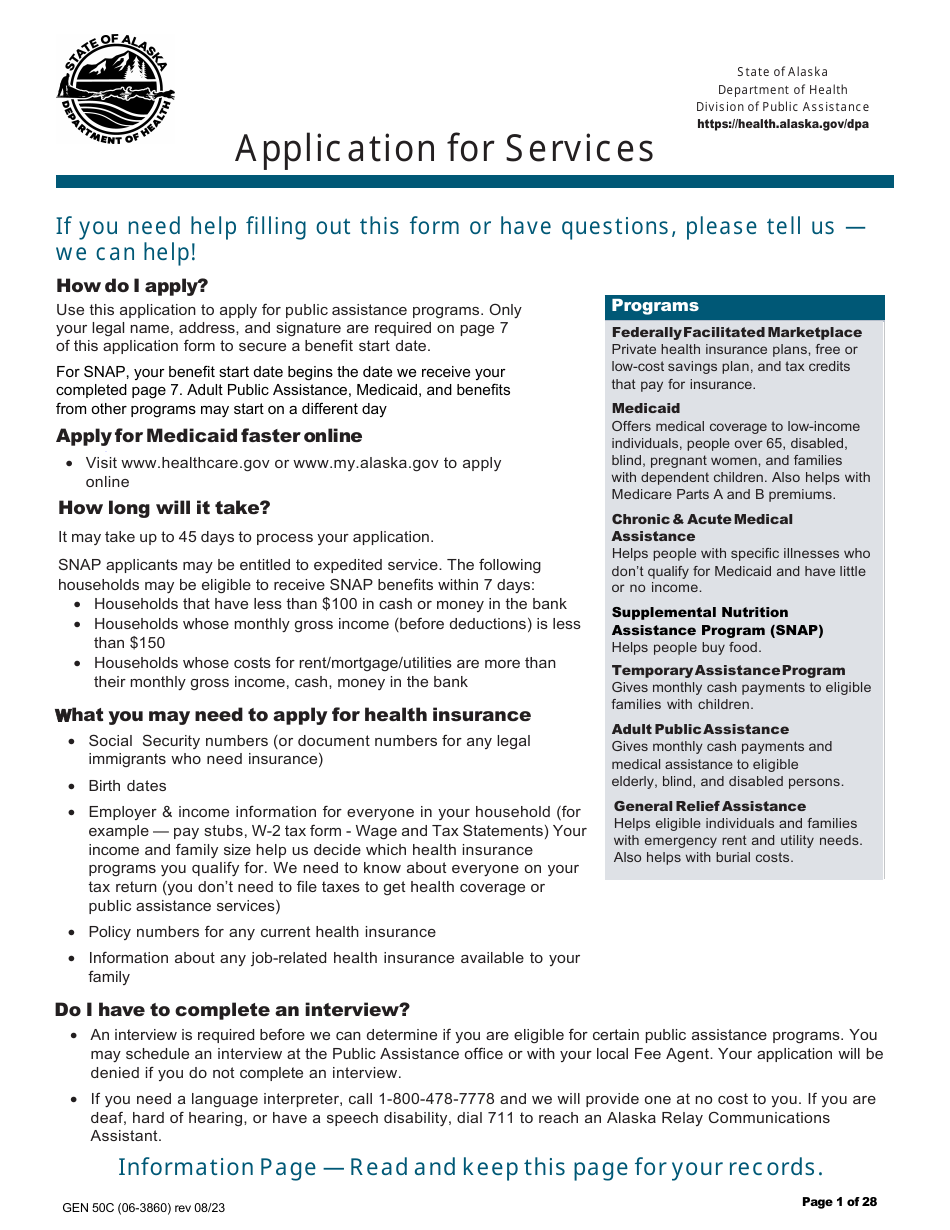 Form GEN50C Application for Services - Alaska, Page 1