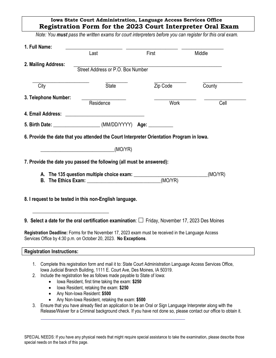 Registration Form for the Court Interpreter Oral Exam - Iowa, Page 1