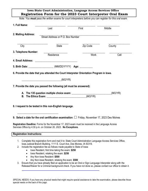 Registration Form for the Court Interpreter Oral Exam - Iowa, 2023