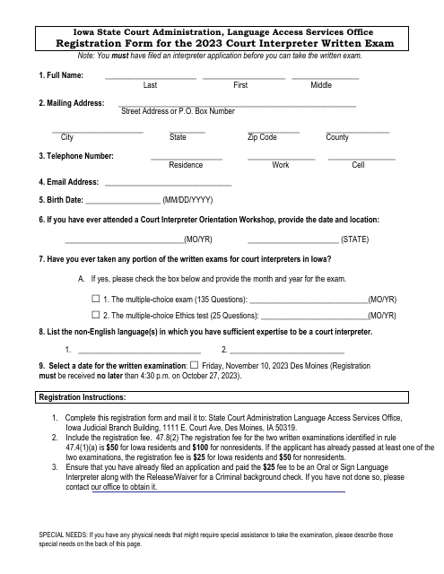 Registration Form for the Court Interpreter Written Exam - Iowa, 2023