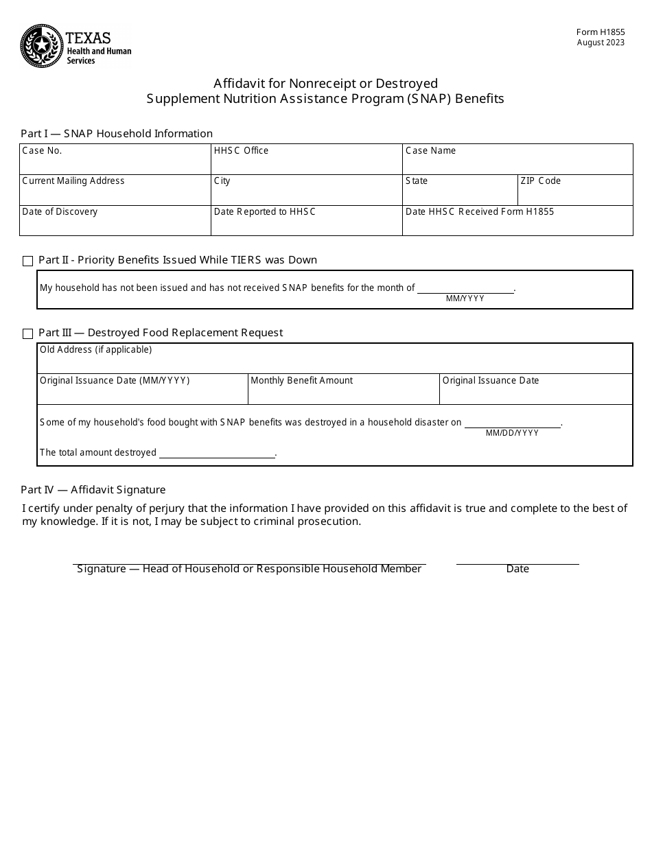 Form H1855 Affidavit for Nonreceipt or Destroyed Supplement Nutrition Assistance Program (Snap) Benefits - Texas, Page 1