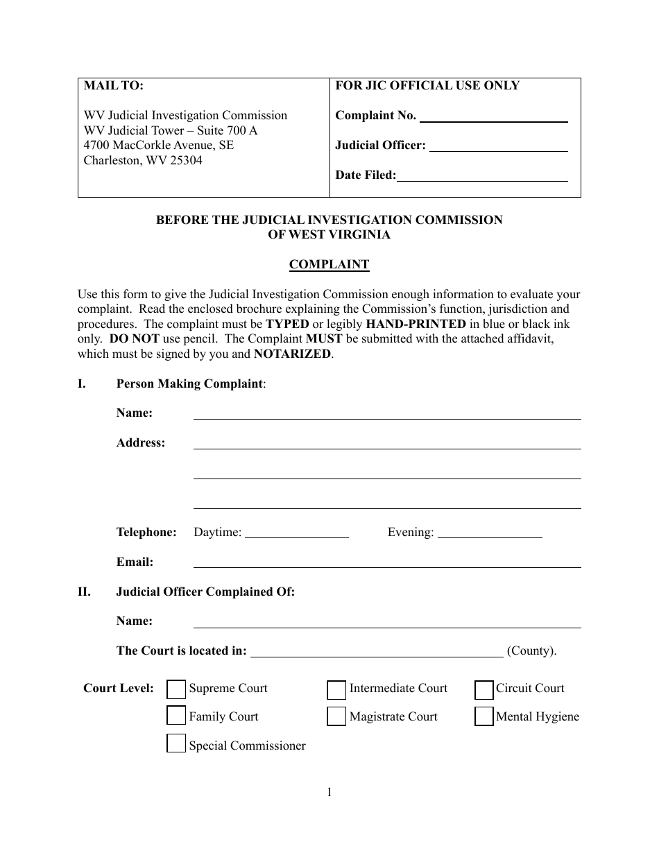 Judicial Investigation Commission Complaint Form - West Virginia, Page 1