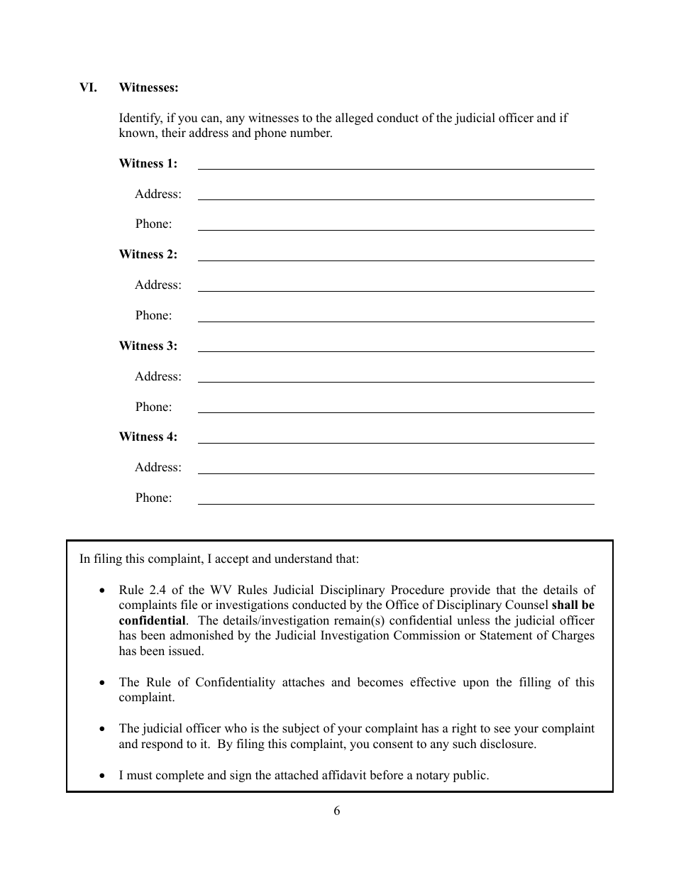Judicial Investigation Commission Complaint Form - West Virginia, Page 6
