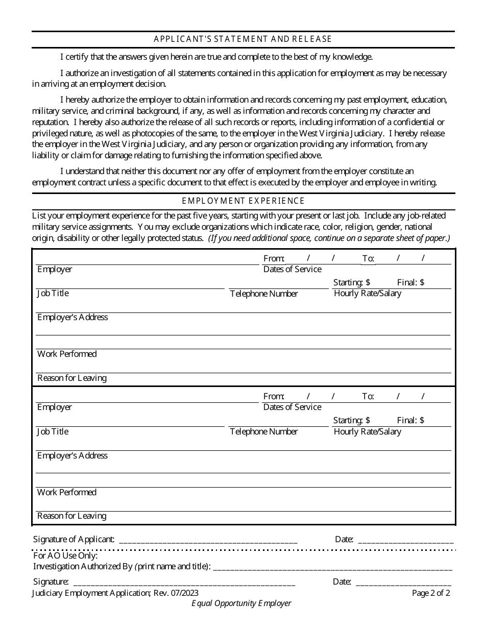 West Virginia Judiciary Application for Employment - West Virginia, Page 2