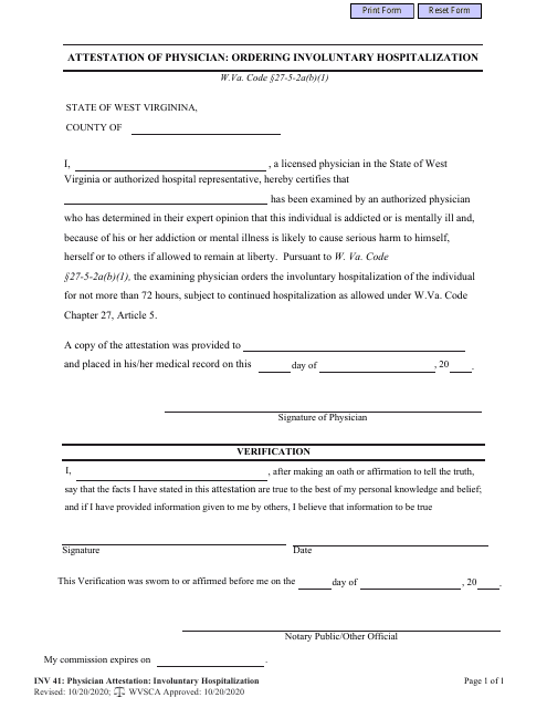 Form INV41 Attestation of Physician: Ordering Involuntary Hospitalization (72 Hour Hold) - West Virginia