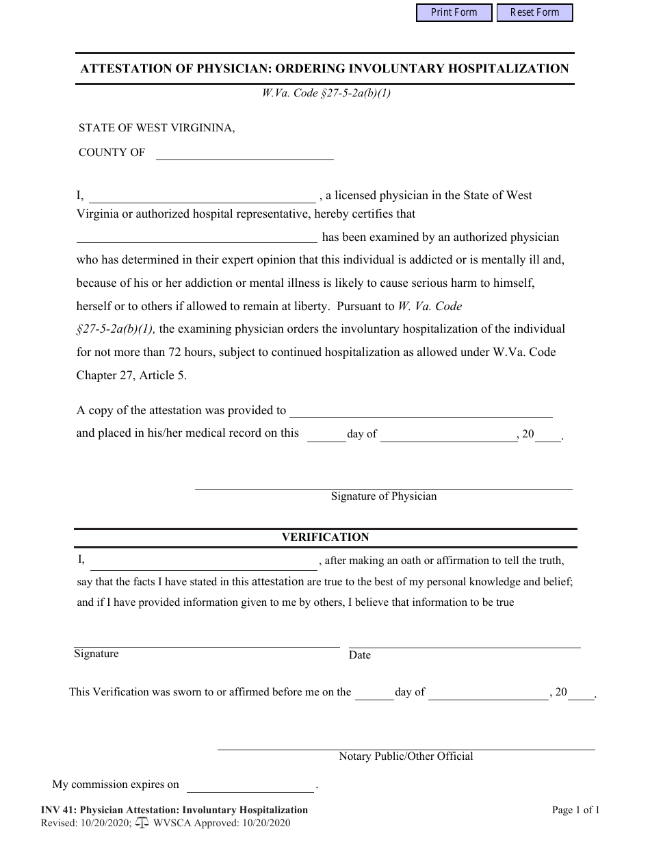 Form INV41 Attestation of Physician: Ordering Involuntary Hospitalization (72 Hour Hold) - West Virginia, Page 1