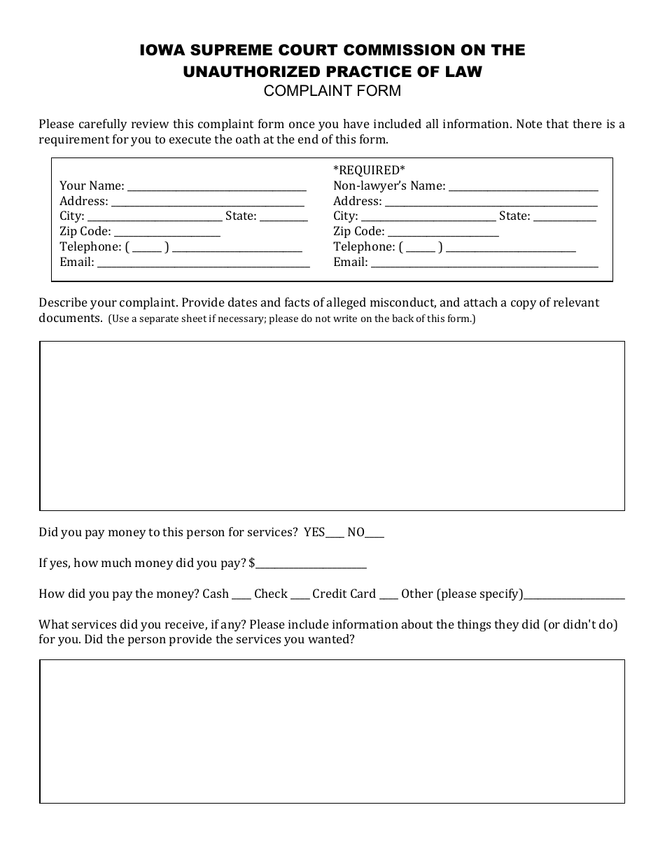 Commission on Unauthorized Practice of Law Complaint Form - Iowa, Page 1