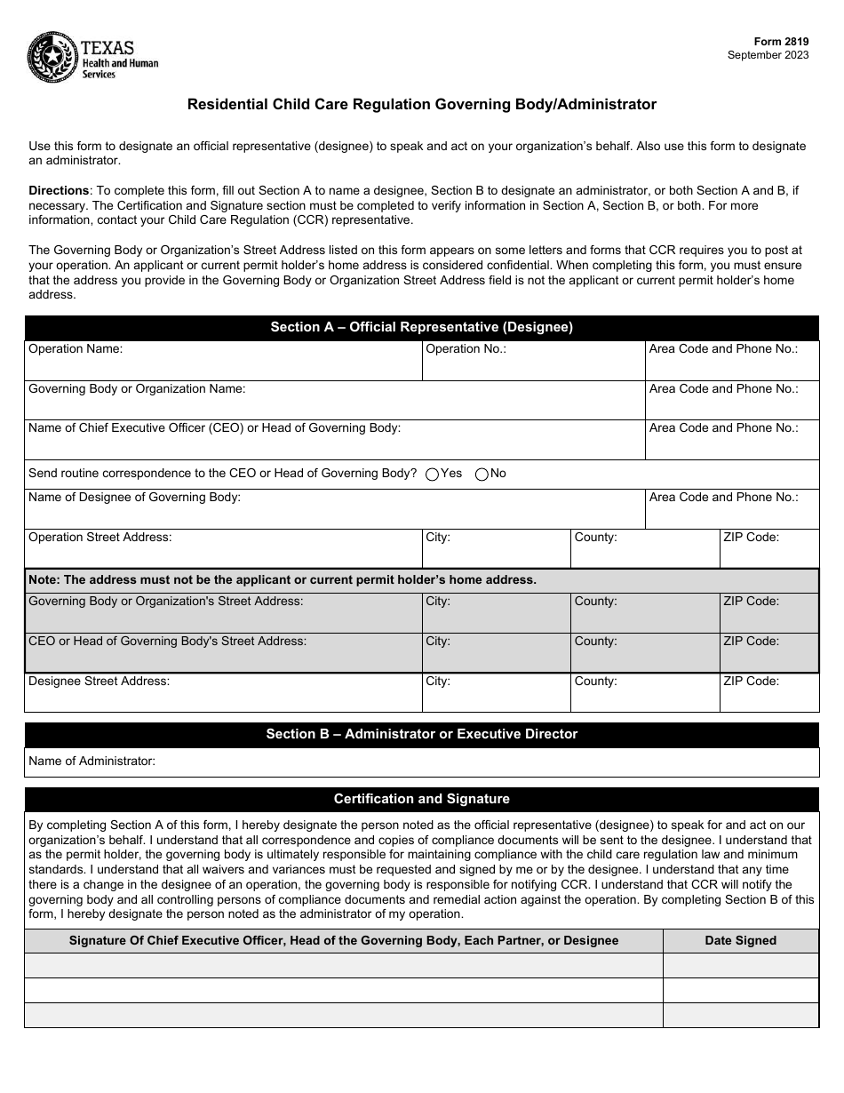 Form 2819 Residential Child Care Licensing Governing Body / Administrator or Executive Director Designation - Texas, Page 1