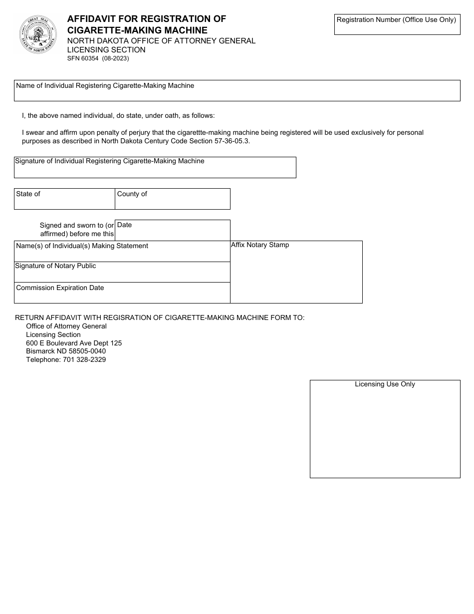 Form SFN60354 Affidavit for Registration of Cigarette-Making Machine - North Dakota, Page 1