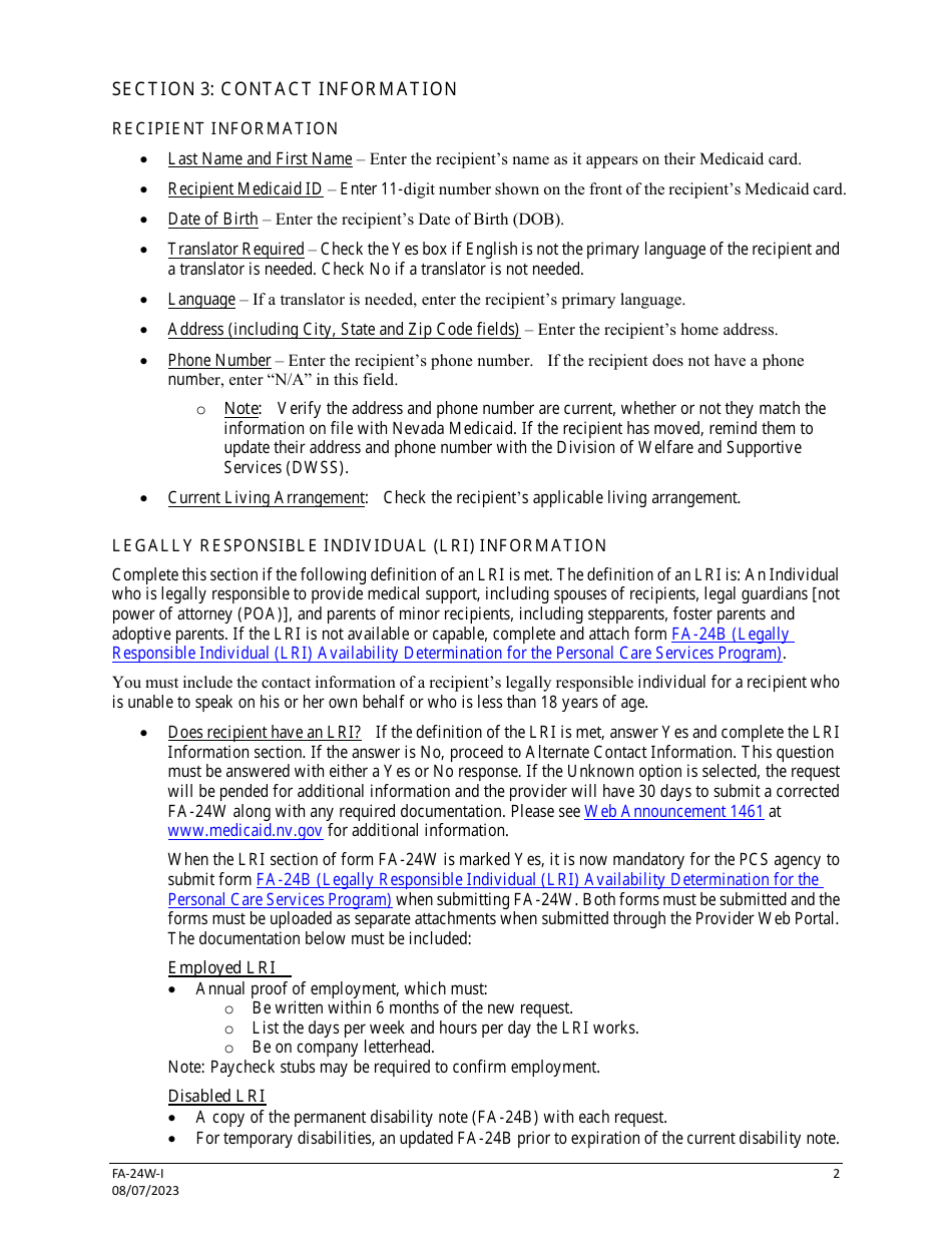 Instructions for Form FA-24W Waiver Staff / Case Managers Authorization Request for Personal Care Services (PCS) - Nevada, Page 2
