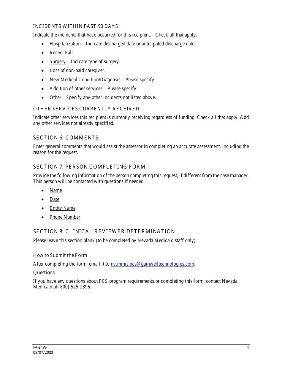 Instructions for Form FA-24W Waiver Staff / Case Managers Authorization Request for Personal Care Services (PCS) - Nevada, Page 4