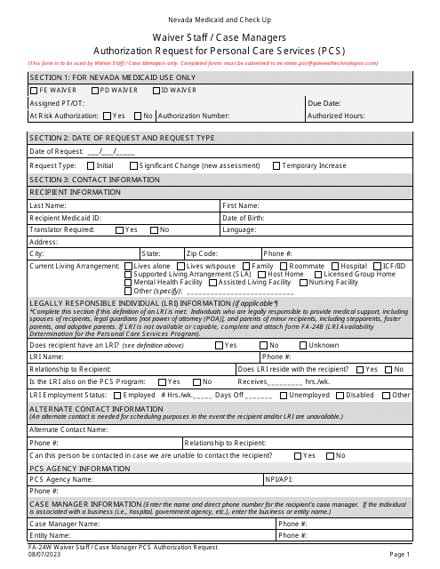 Form FA-24W Waiver Staff/Case Managers Authorization Request for Personal Care Services (PCS) - Nevada