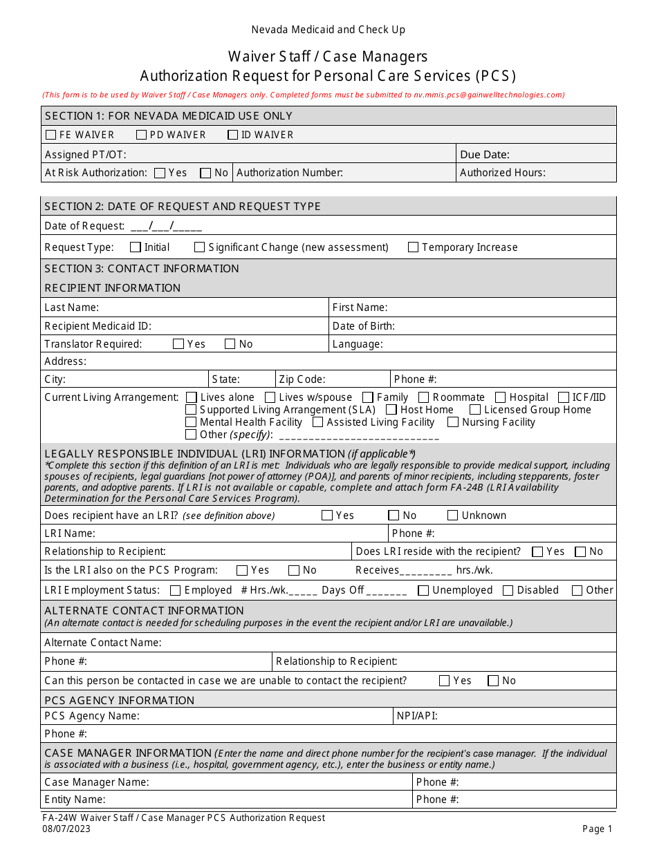 Form FA-24W Waiver Staff / Case Managers Authorization Request for Personal Care Services (PCS) - Nevada, Page 1