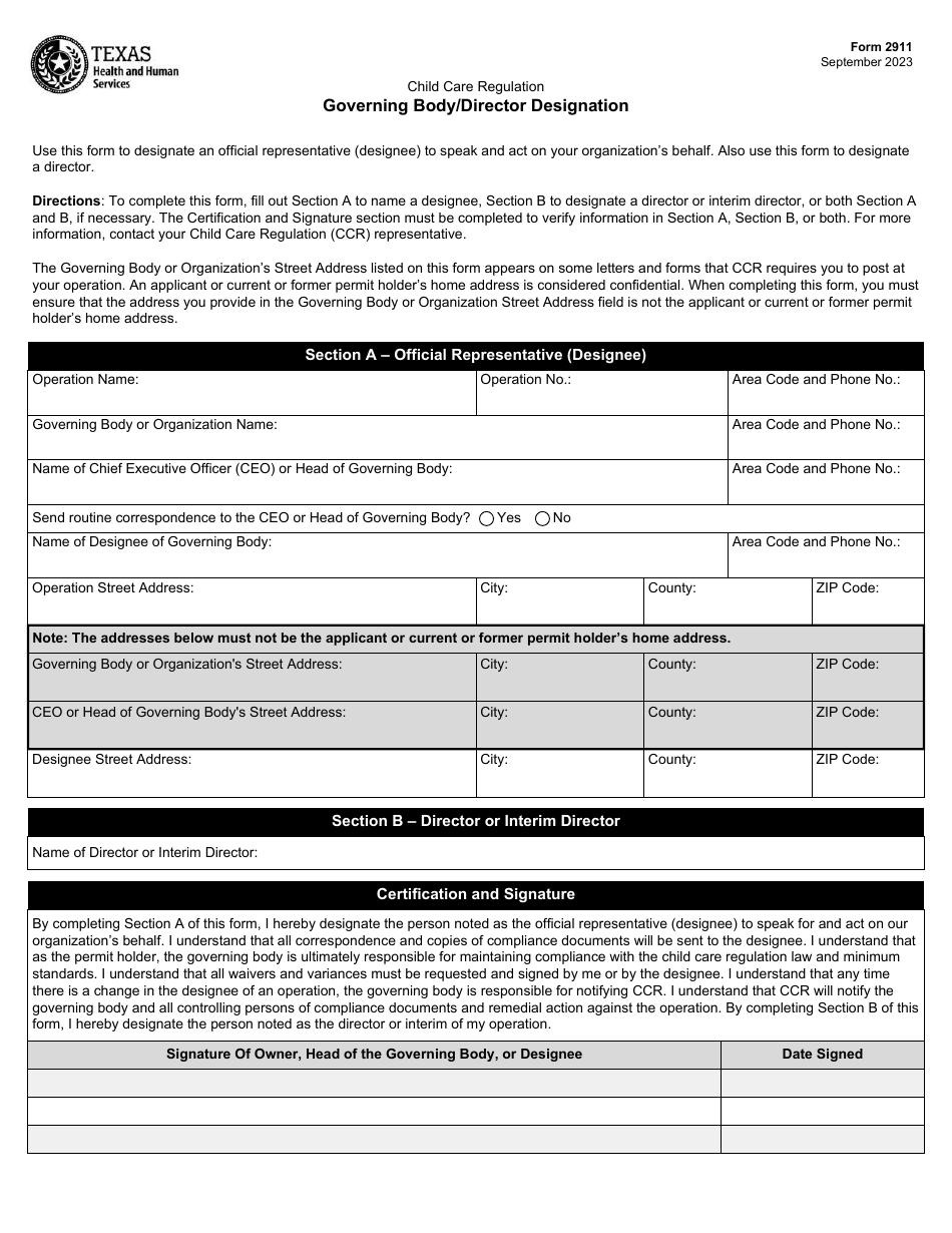Form 2911 Governing Body / Director Designation - Texas, Page 1