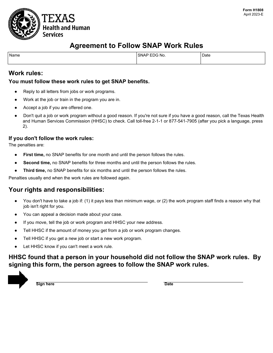 Form H1808 Agreement to Follow Snap Work Rules - Texas, Page 1