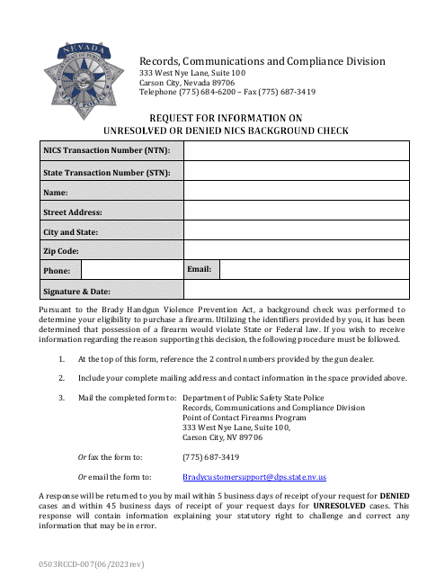 Form 0503RCCD-007 Request for Information on Unresolved or Denied Nics Background Check - Nevada