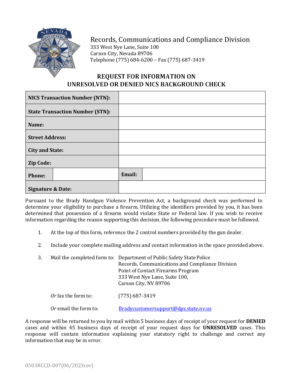 Form 0503RCCD-007 Request for Information on Unresolved or Denied Nics Background Check - Nevada, Page 1