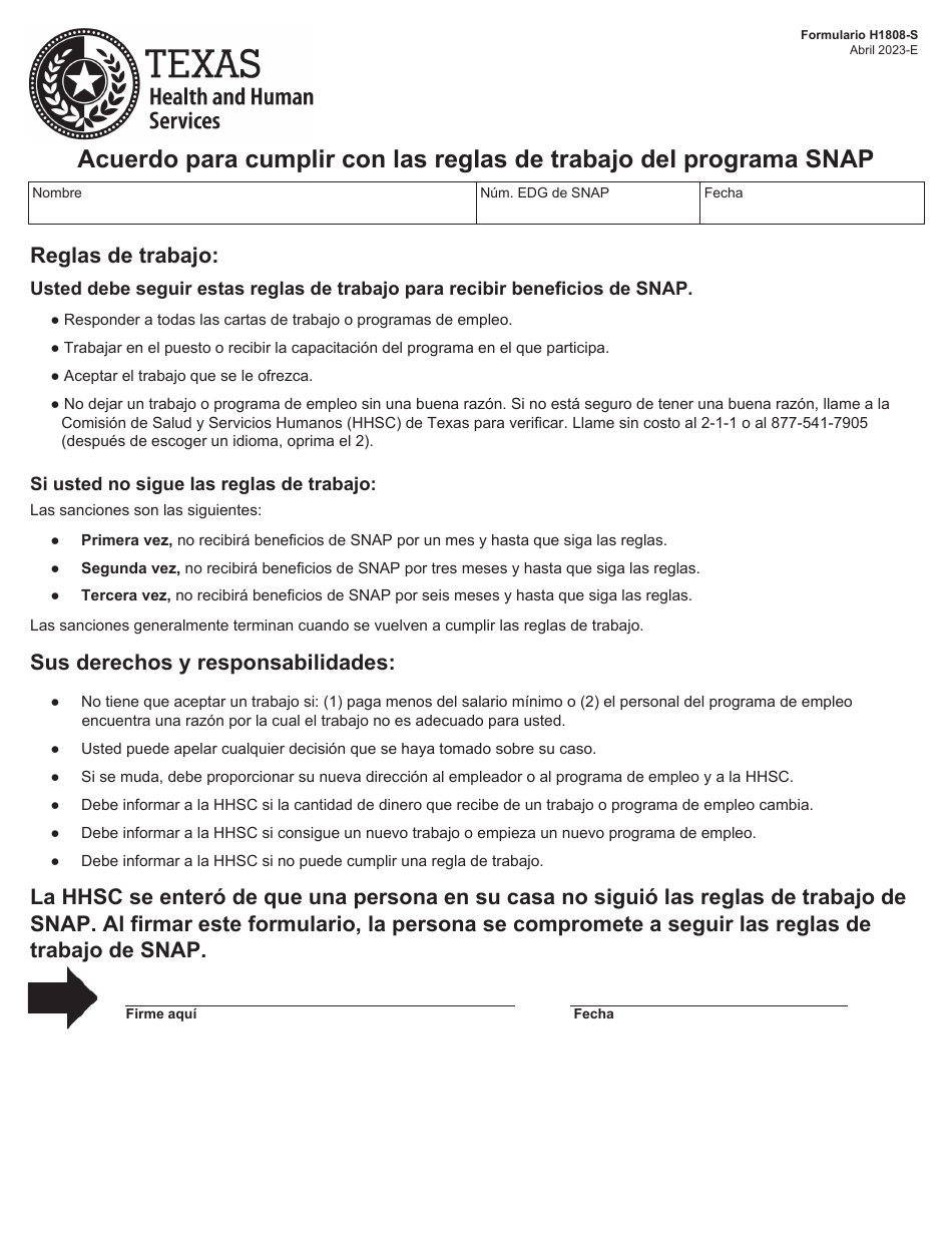 Formulario H1808-S Acuerdo Para Cumplir Con Las Reglas De Trabajo Del Programa Snap - Texas (Spanish), Page 1