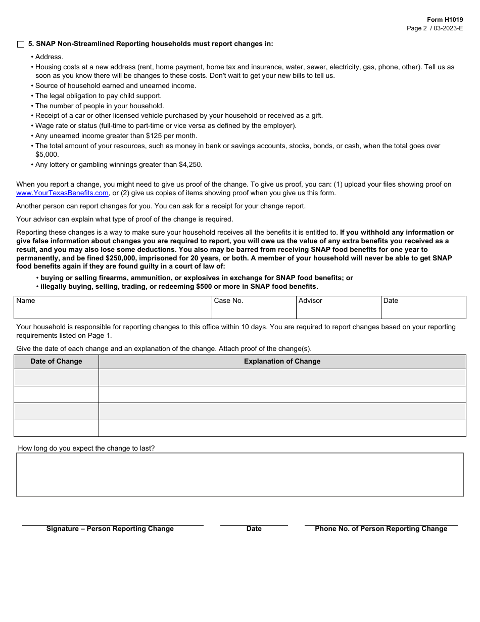 Form H1019 Report of Change - Texas, Page 2