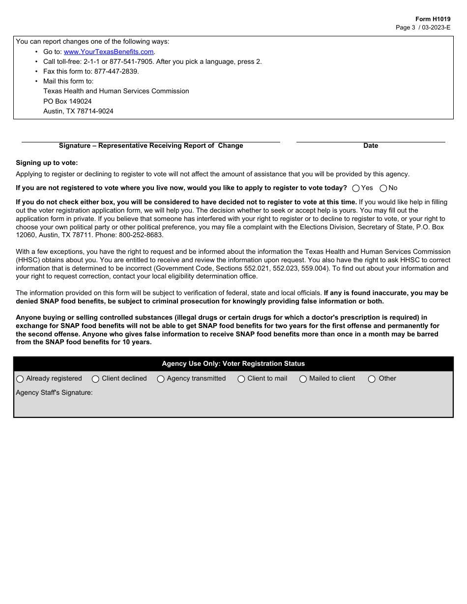 Form H1019 Report of Change - Texas, Page 3
