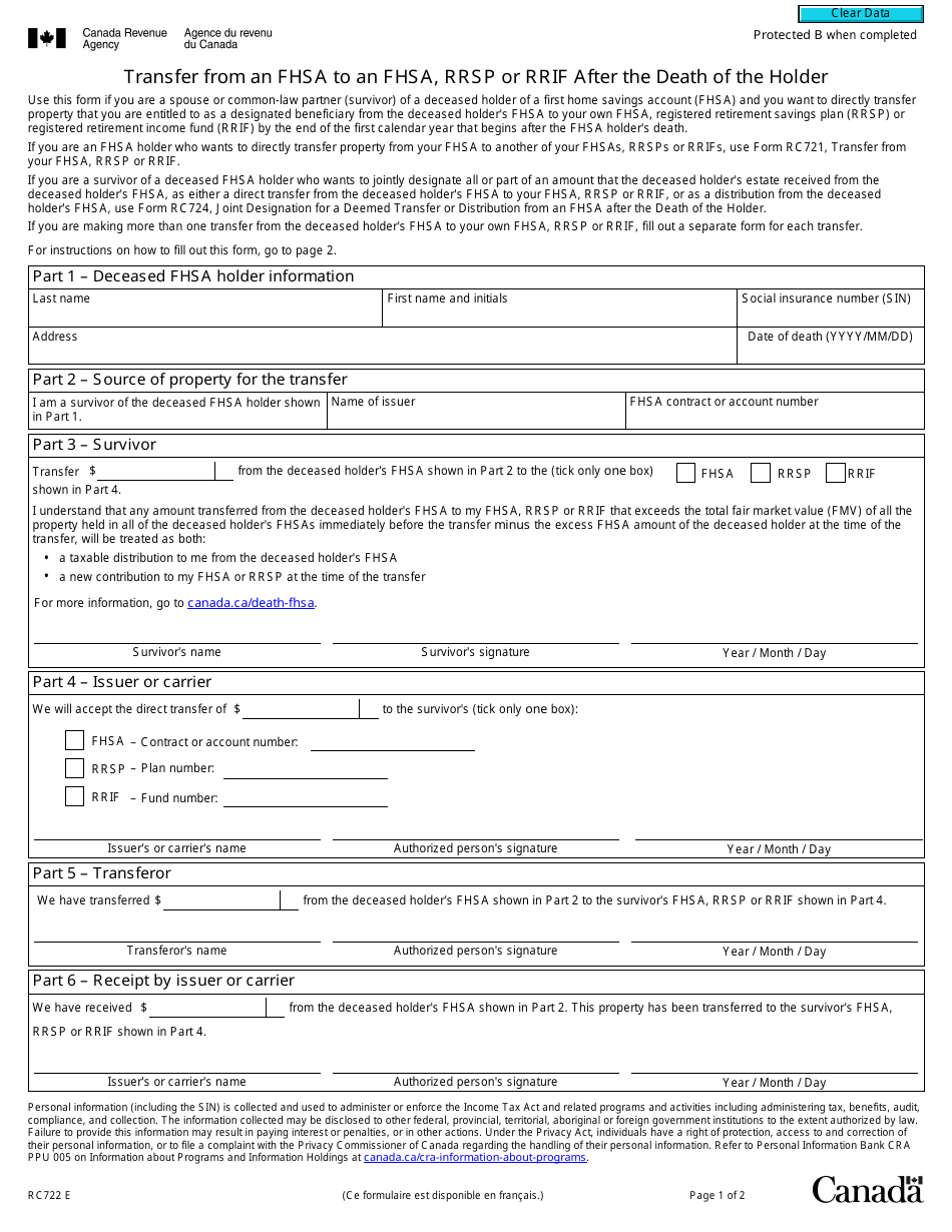 Form RC722 Transfer From an Fhsa to an Fhsa, Rrsp or Rrif After the Death of the Holder - Canada, Page 1