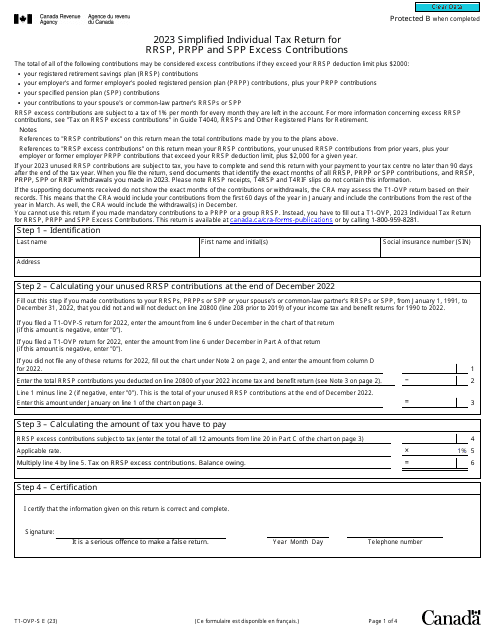 Form T1-OVP-S Simplified Individual Tax Return for Rrsp, Prpp and Spp Excess Contributions - Canada, 2023