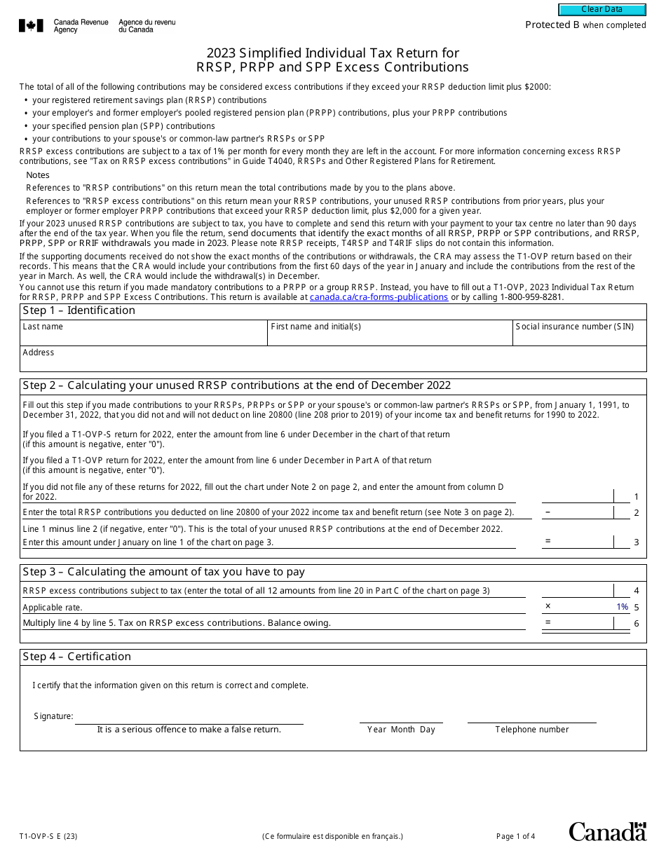 Form T1-OVP-S Simplified Individual Tax Return for Rrsp, Prpp and Spp Excess Contributions - Canada, Page 1