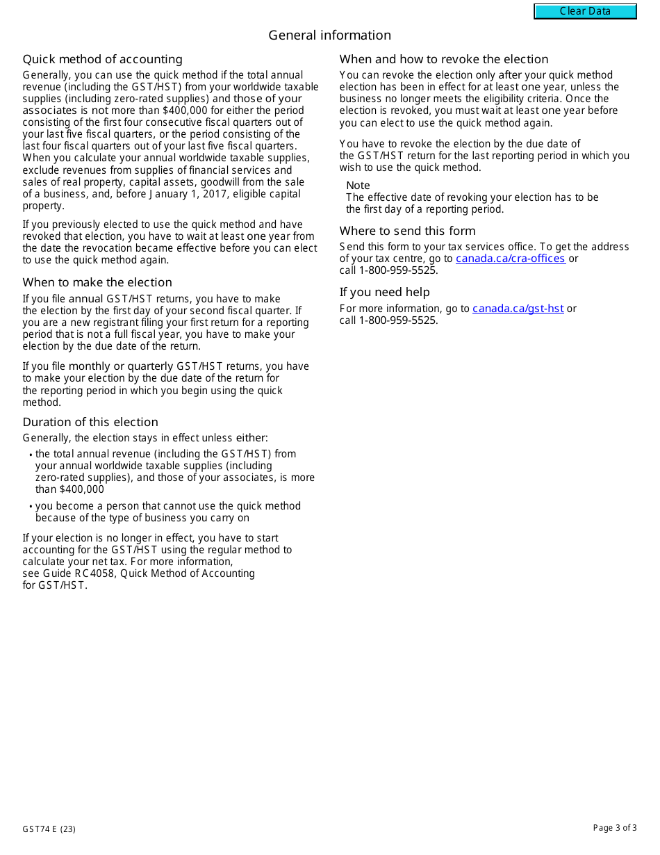 Form GST74 Election and Revocation of an Election to Use the Quick Method of Accounting - Canada, Page 3