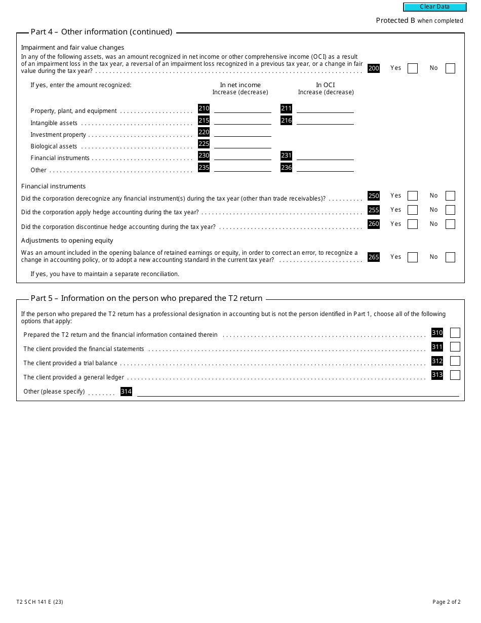 Form T2 Schedule 141 Download Fillable PDF or Fill Online General Index ...