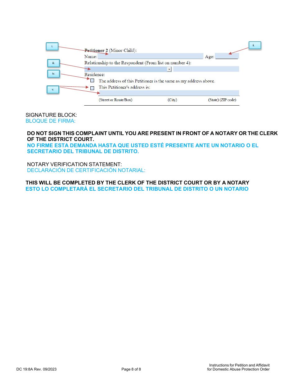 Instructions for Form DC19:8 Petition and Affidavit for Domestic Abuse Protection Order - Nebraska (English / Spanish), Page 8
