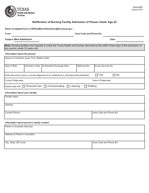Form 2437 Notification of Nursing Facility Admission of Person Under Age 22 - Texas