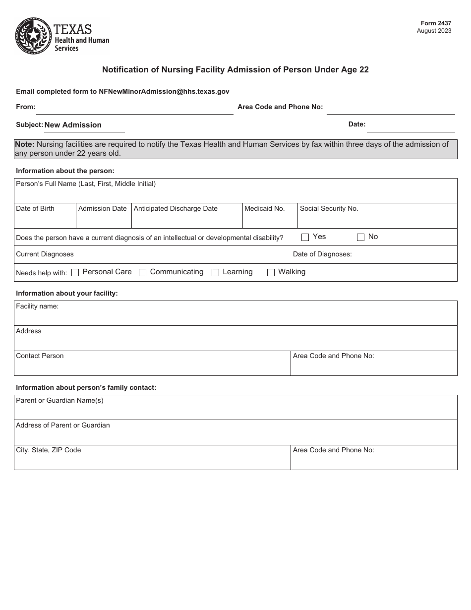 Form 2437 Notification of Nursing Facility Admission of Person Under Age 22 - Texas, Page 1