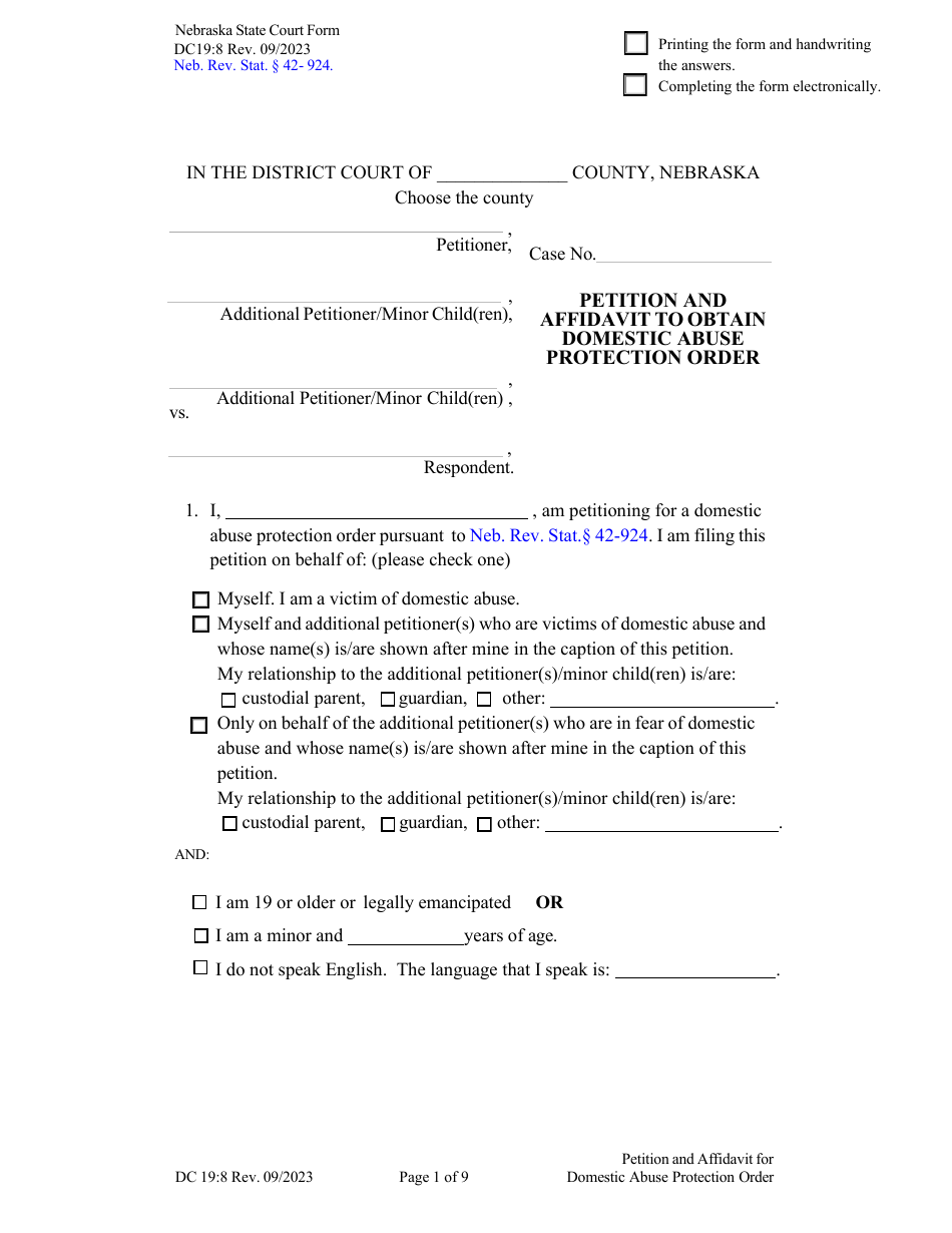 Form DC19:8 Petition and Affidavit to Obtain Domestic Abuse Protection Order - Nebraska, Page 1