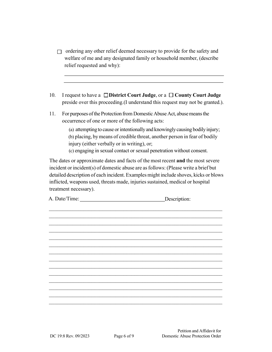 Form DC19:8 Petition and Affidavit to Obtain Domestic Abuse Protection Order - Nebraska, Page 6