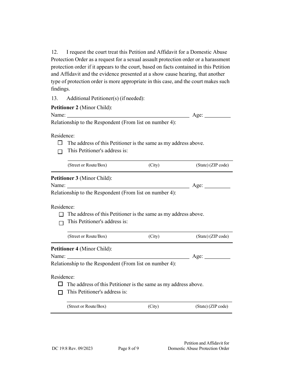 Form DC19:8 Petition and Affidavit to Obtain Domestic Abuse Protection Order - Nebraska, Page 8