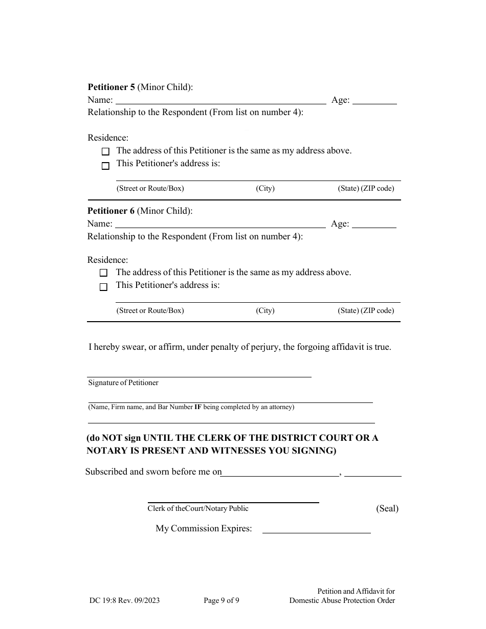 Form DC19:8 Petition and Affidavit to Obtain Domestic Abuse Protection Order - Nebraska, Page 9