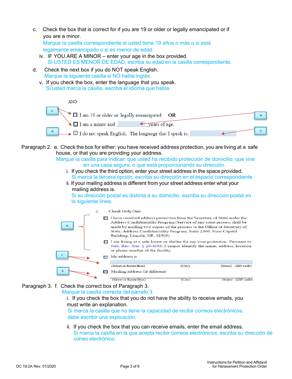 Instructions for Form DC19:2 Petition and Affidavit for Harassment Protection Order - Nebraska (English / Spanish), Page 3