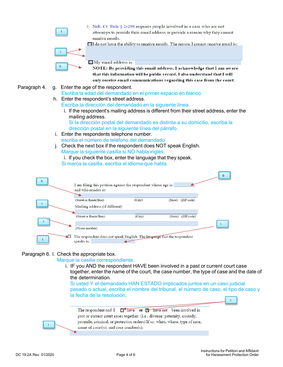 Instructions for Form DC19:2 Petition and Affidavit for Harassment Protection Order - Nebraska (English / Spanish), Page 4