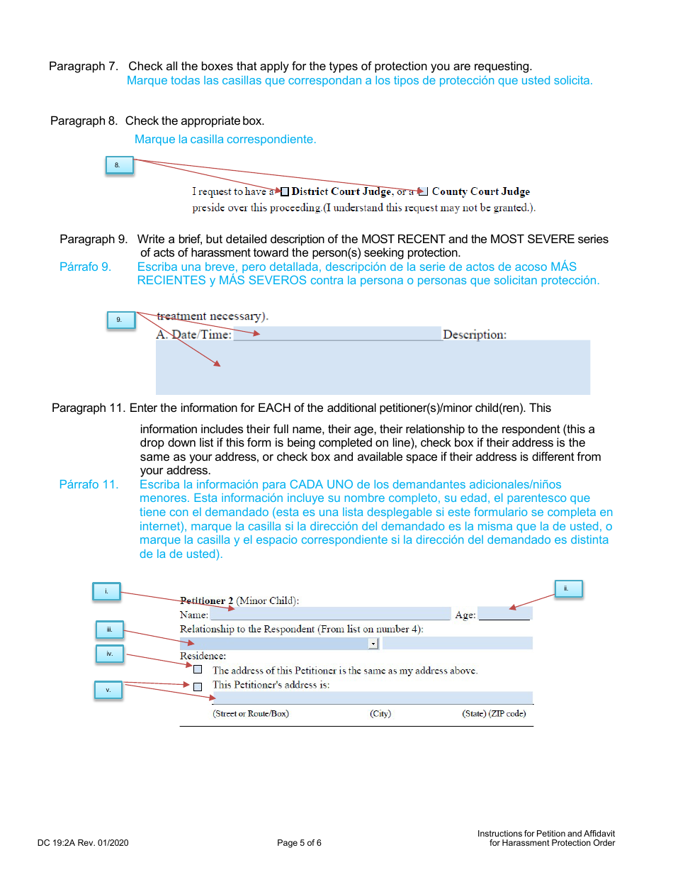 Instructions for Form DC19:2 Petition and Affidavit for Harassment Protection Order - Nebraska (English / Spanish), Page 5