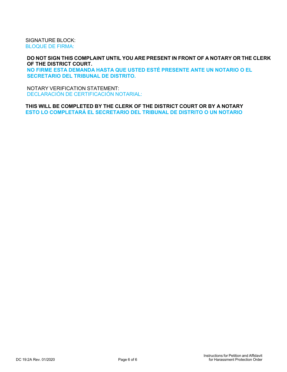 Instructions for Form DC19:2 Petition and Affidavit for Harassment Protection Order - Nebraska (English / Spanish), Page 6