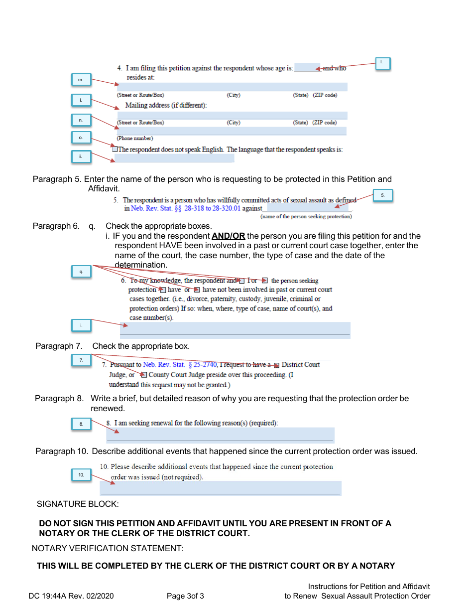 Instructions for Form DC19:44 Petition and Affidavit to Renew Sexual Assault Protection Order - Nebraska, Page 3
