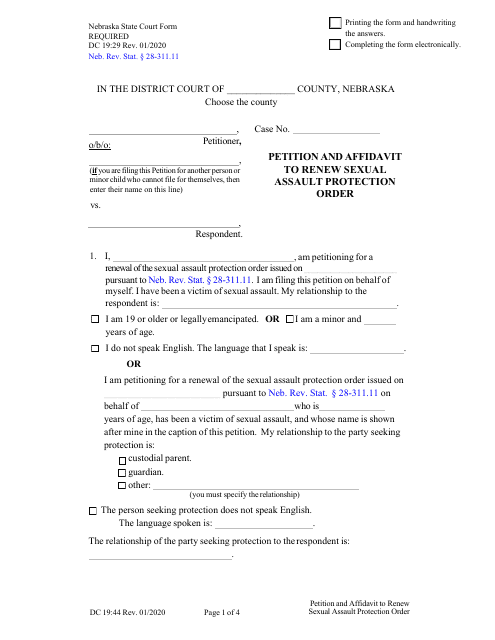 Form DC19:44 Petition and Affidavit to Renew Sexual Assault Protection Order - Nebraska