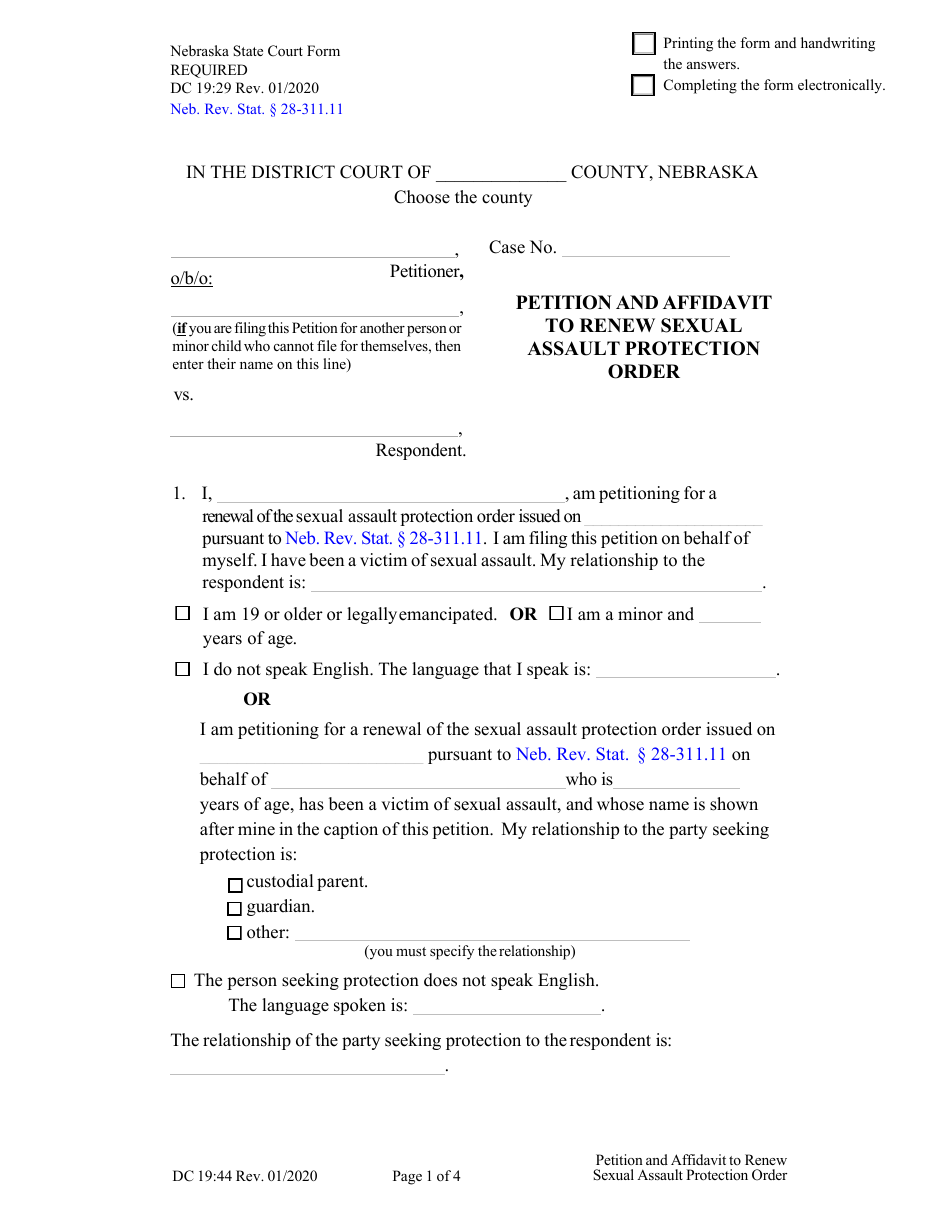 Form DC19:44 Petition and Affidavit to Renew Sexual Assault Protection Order - Nebraska, Page 1