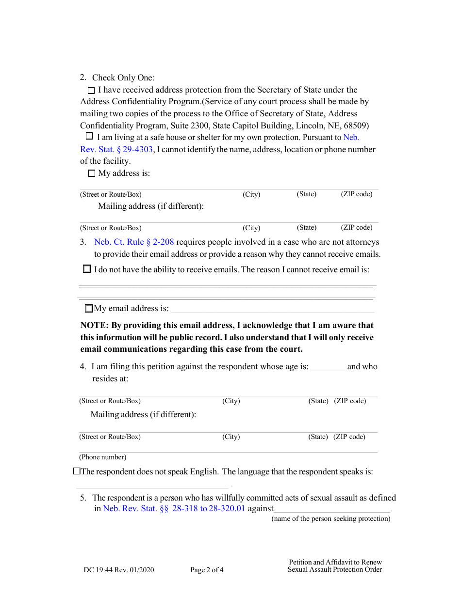 Form DC19:44 Petition and Affidavit to Renew Sexual Assault Protection Order - Nebraska, Page 2