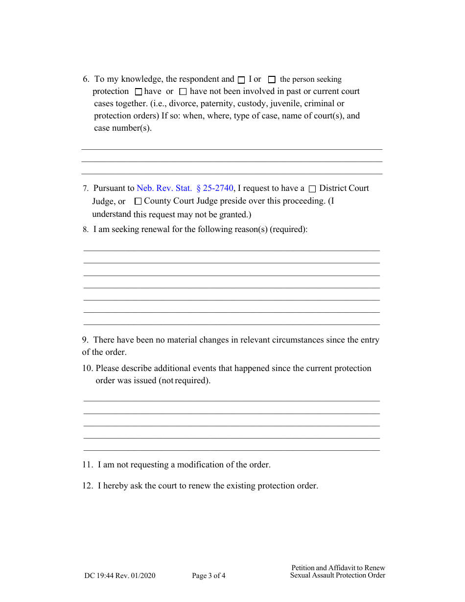 Form DC19:44 Petition and Affidavit to Renew Sexual Assault Protection Order - Nebraska, Page 3