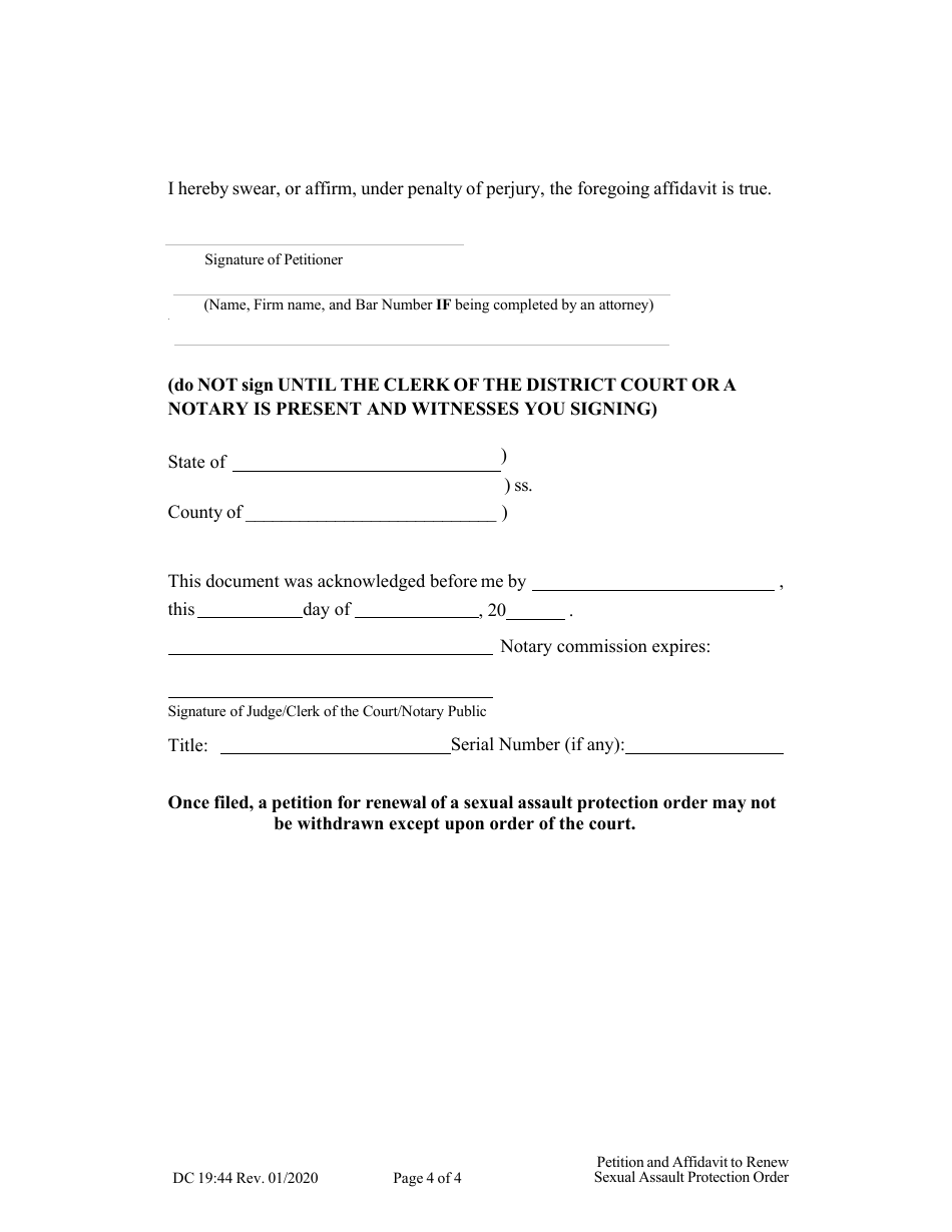 Form DC19:44 Petition and Affidavit to Renew Sexual Assault Protection Order - Nebraska, Page 4