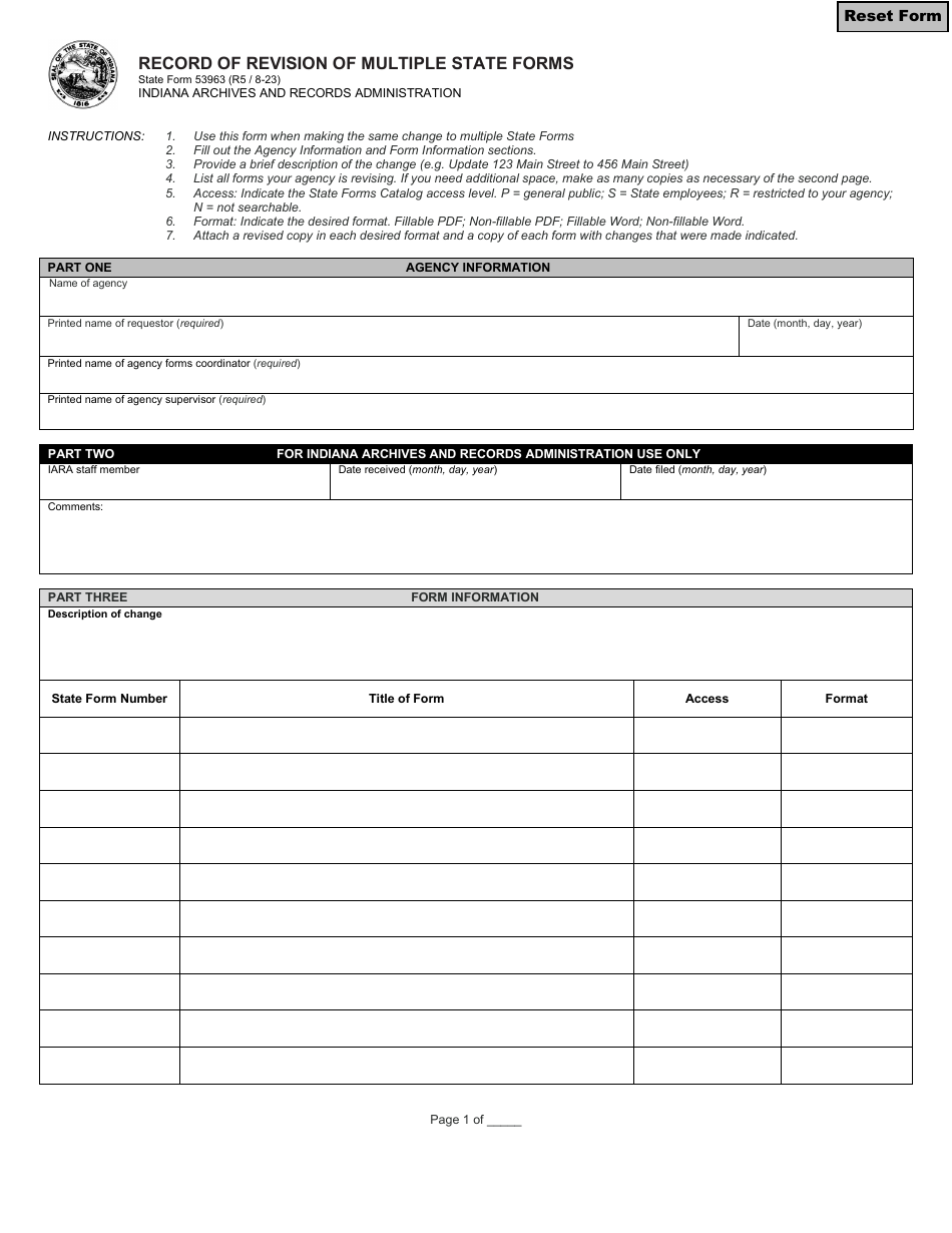 State Form 53963 Record of Revision of Multiple State Forms - Indiana, Page 1