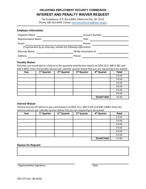 Form OES-277 Interest and Penalty Waiver Request - Oklahoma