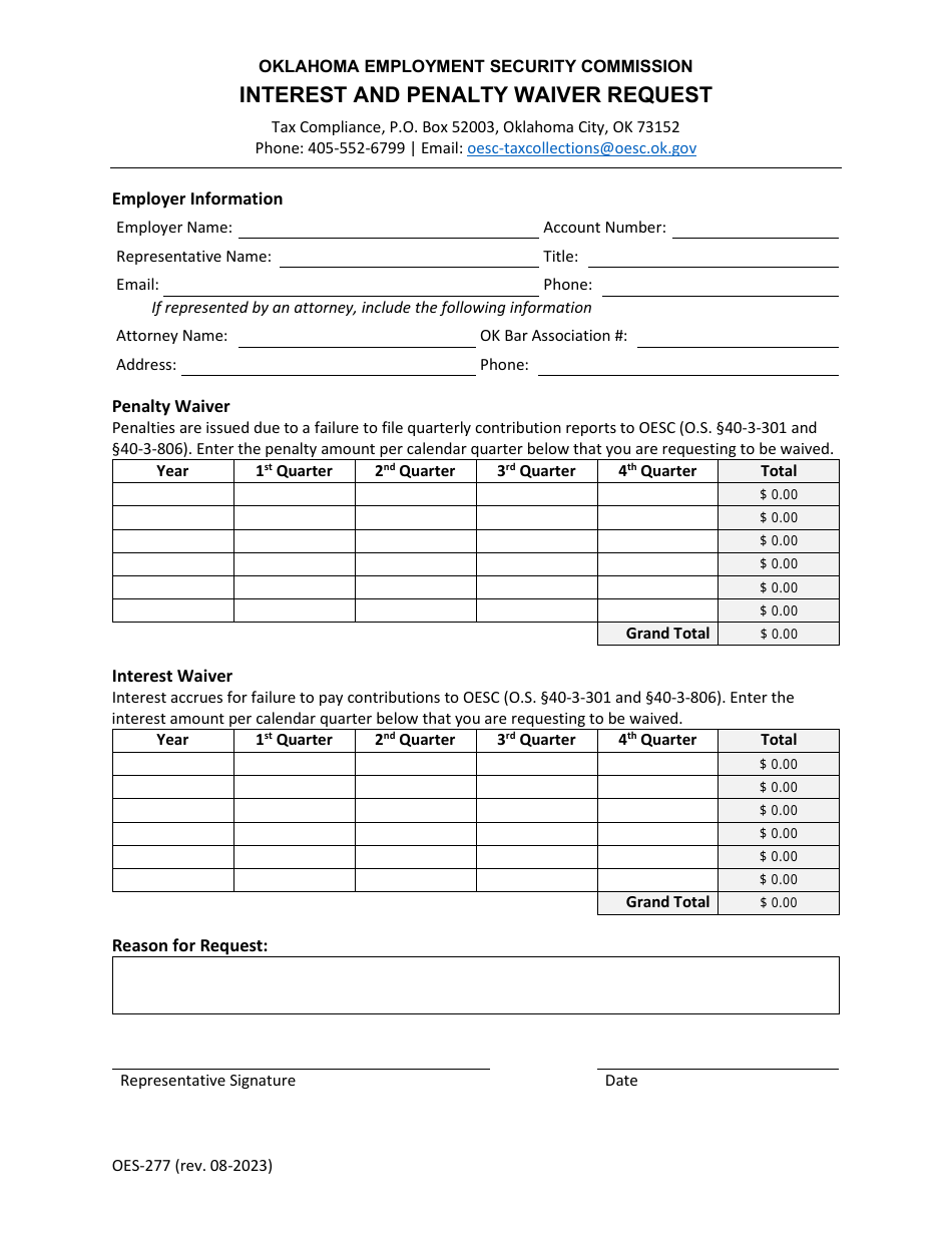 Form OES-277 Interest and Penalty Waiver Request - Oklahoma, Page 1