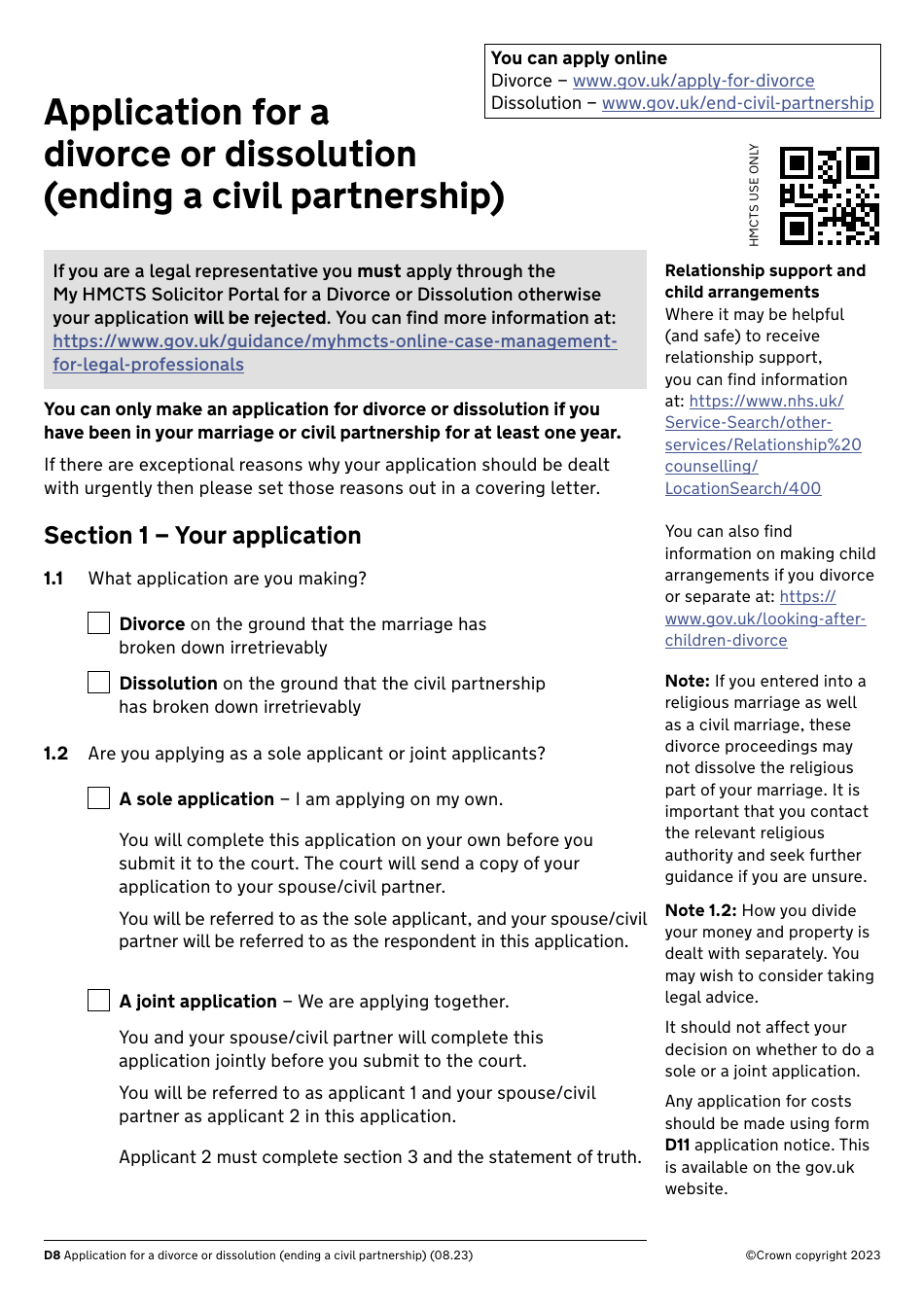 Application for a Divorce or Dissolution (Ending a Civil Partnership) - United Kingdom, Page 1